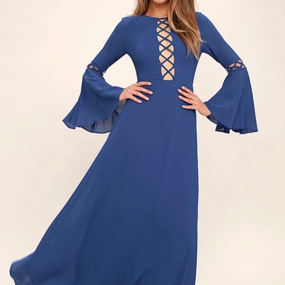 Nwt Lulus Now is the Time Blue Long Bell Sleeve Maxi Dress - Picture 8 of 12
